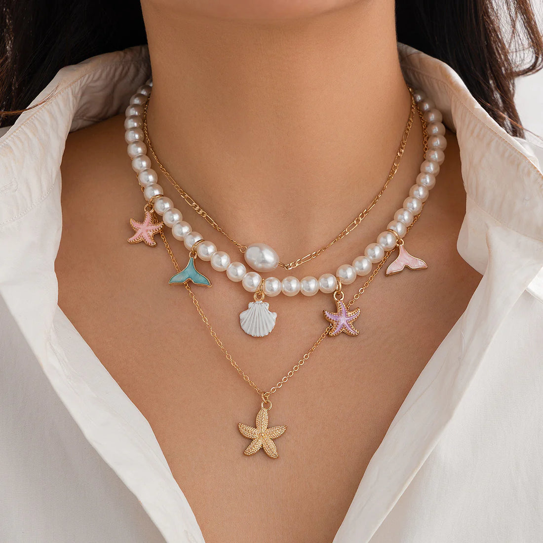 Assata Layered Pearl Starfish Necklace Set