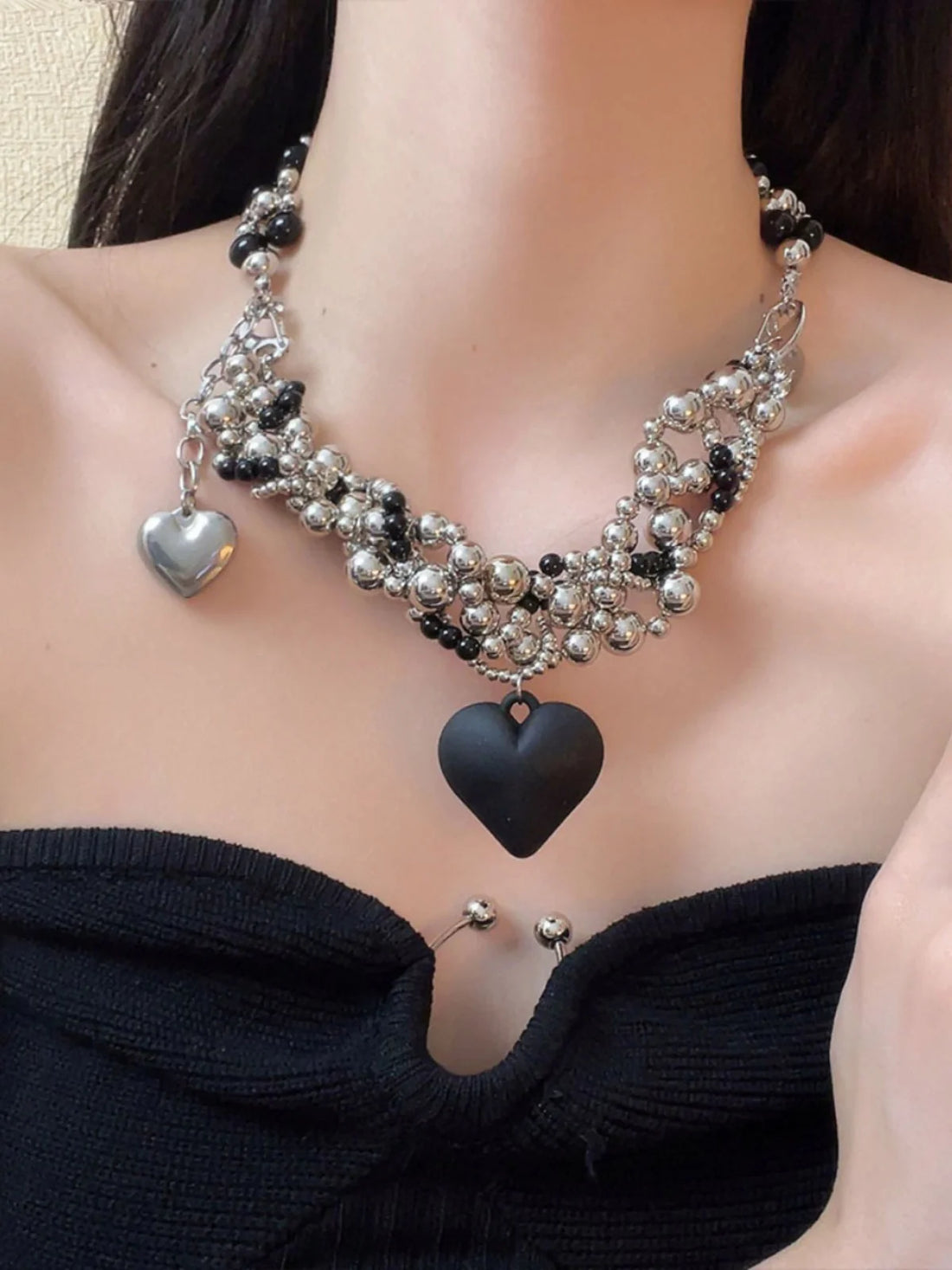 Avital Black Heart Beaded Necklace