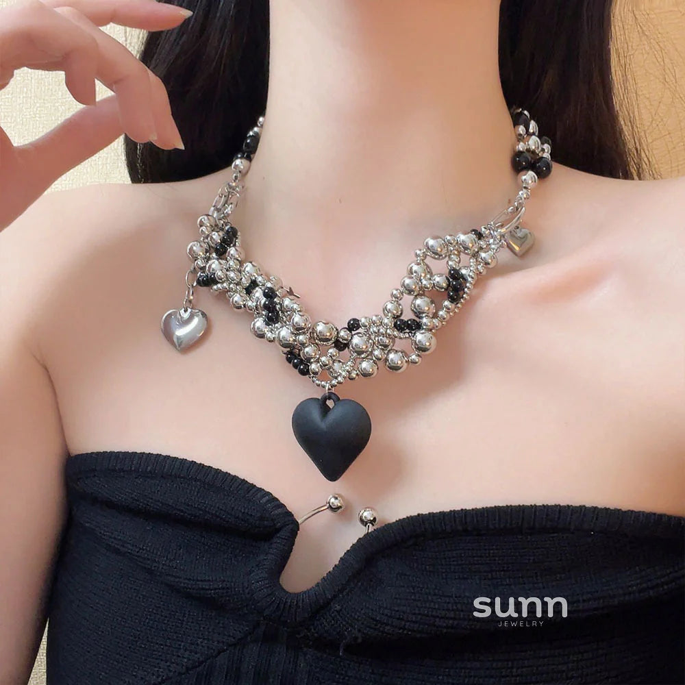 Avital Black Heart Beaded Necklace