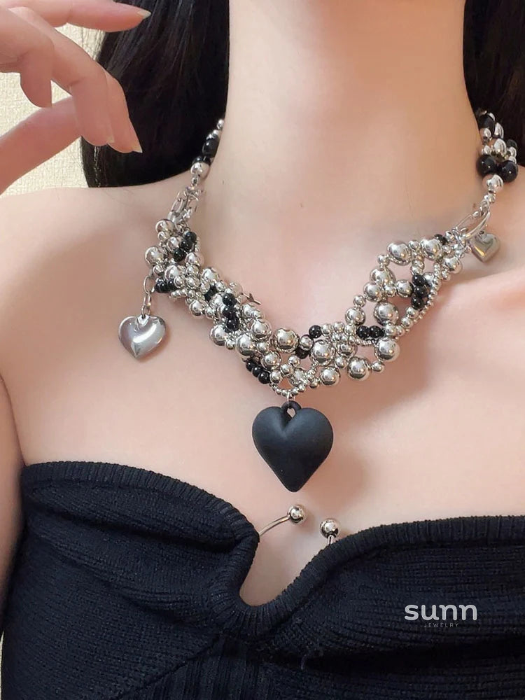 Avital Black Heart Beaded Necklace