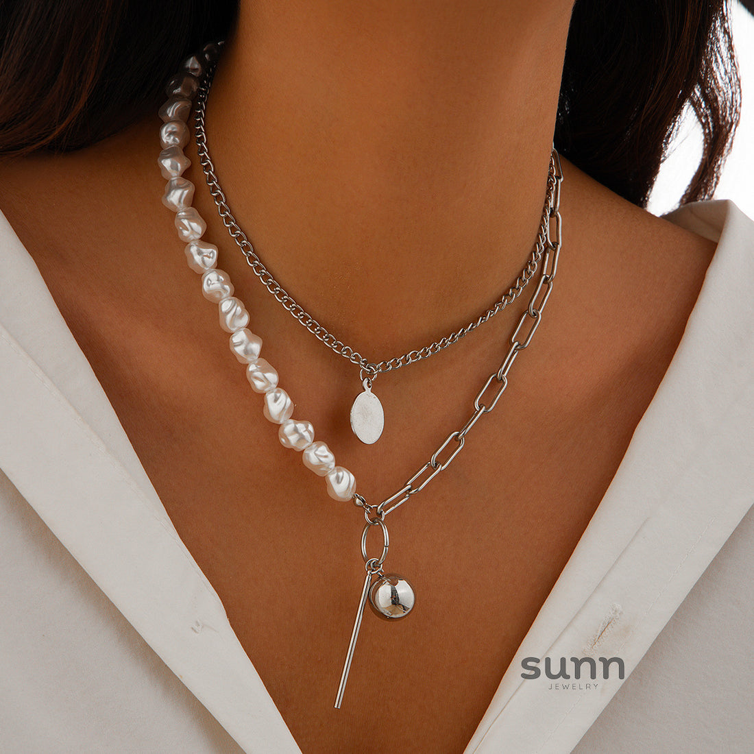 Bayley Layered Pearl Sequin Necklace [FRZYMPFJ]