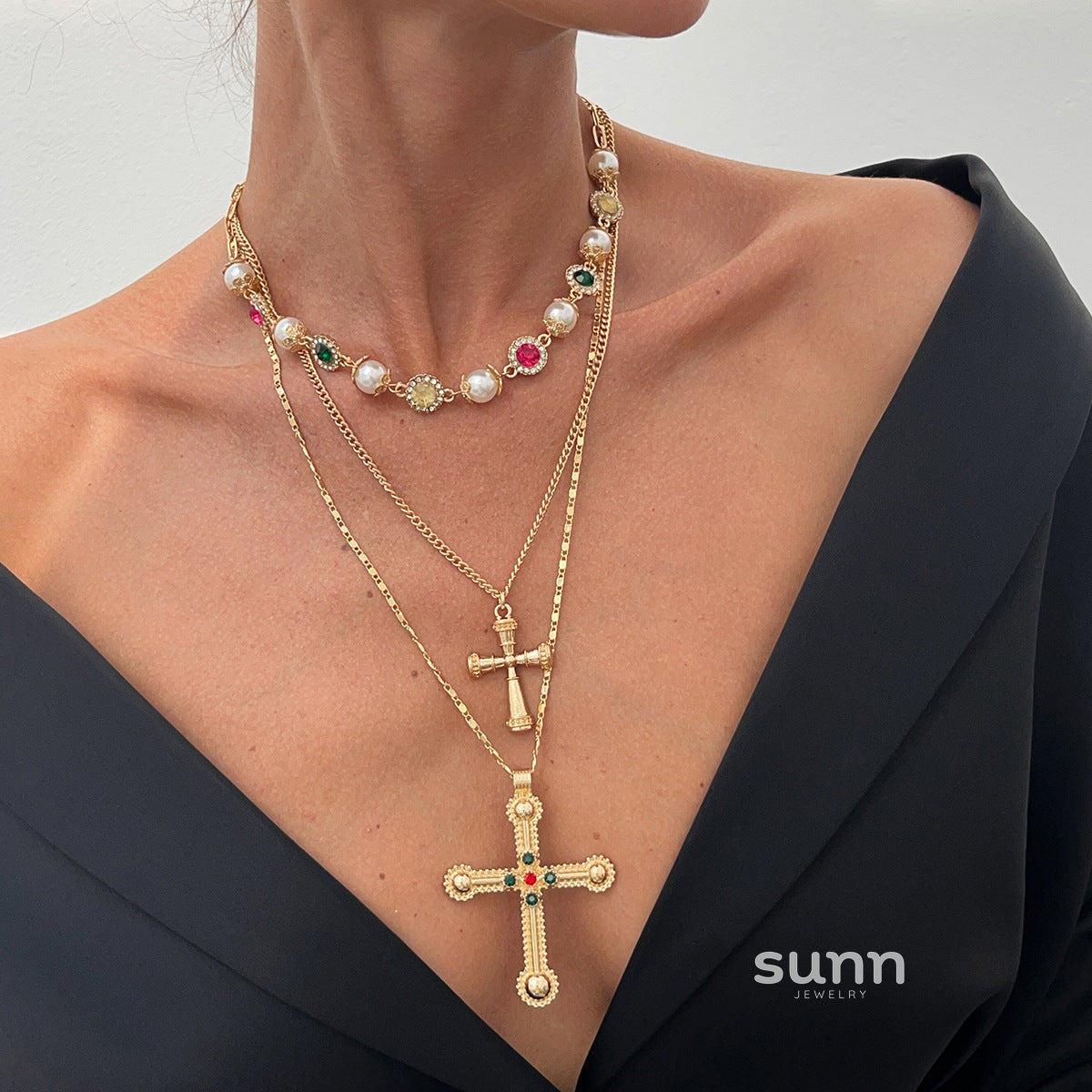 Brayla Layered Pearl Cross Necklace [5DLRC9CQ]