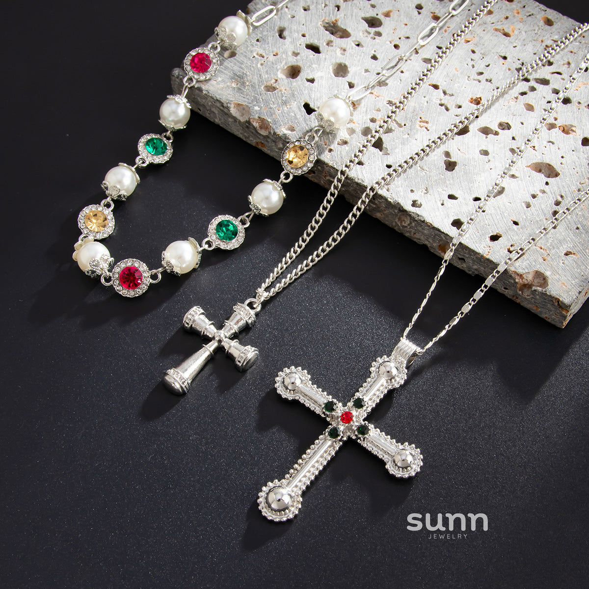 Brayla Layered Pearl Cross Necklace [0ERC0XC2]