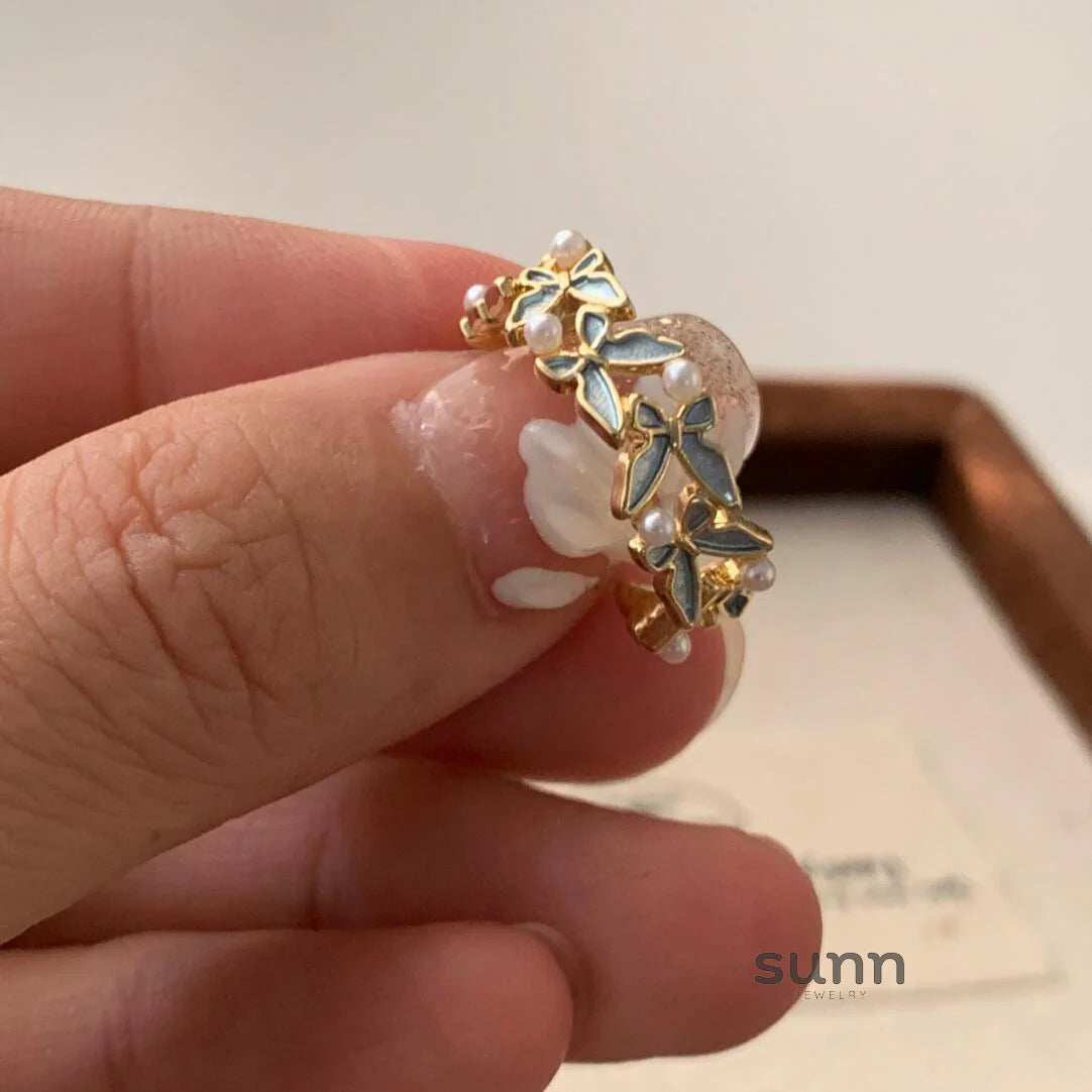 Breonna Enamel Pearl Butterfly Ring
