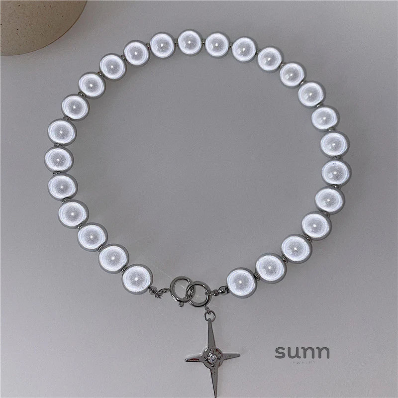Brianna Reflective Pearl Cross Necklace