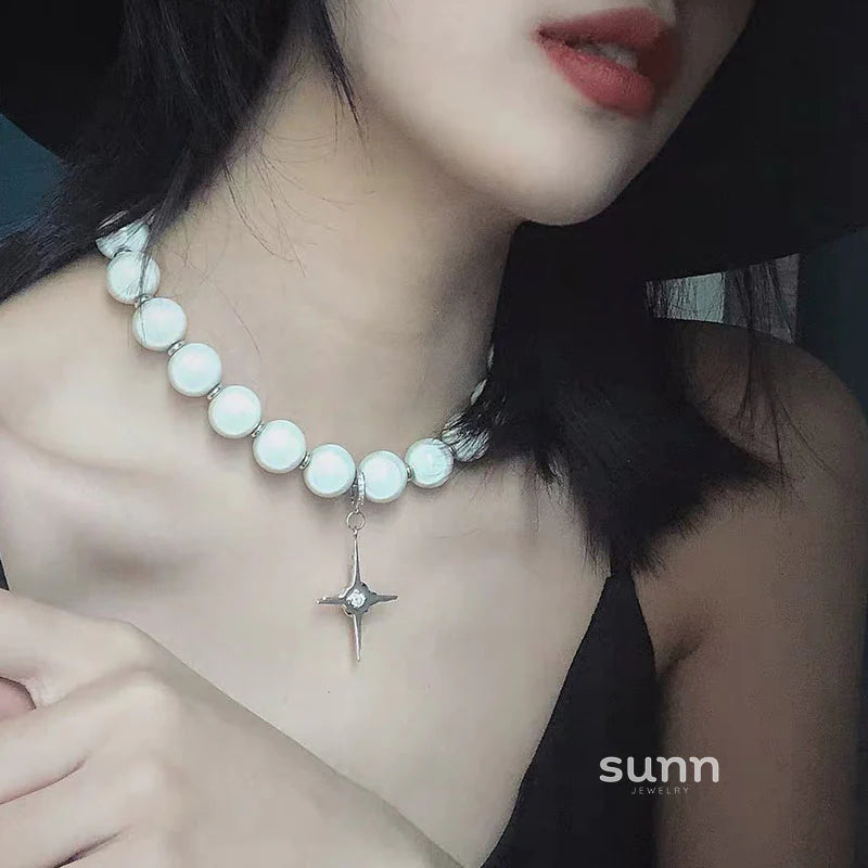 Brianna Reflective Pearl Cross Necklace