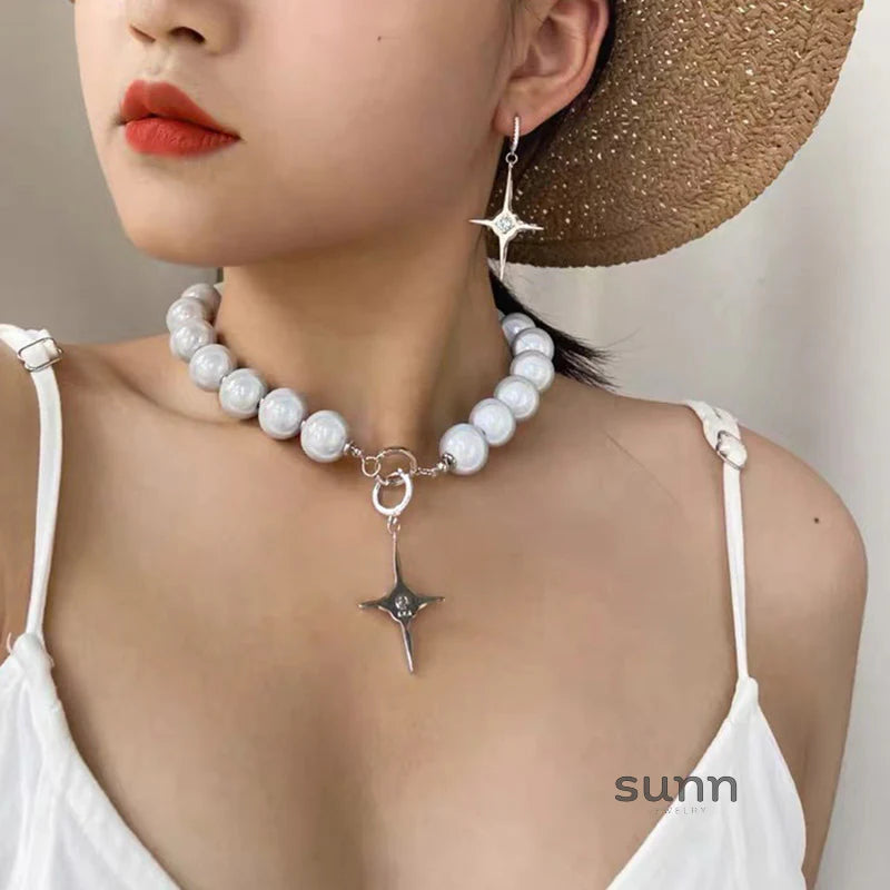 Brianna Reflective Pearl Cross Necklace