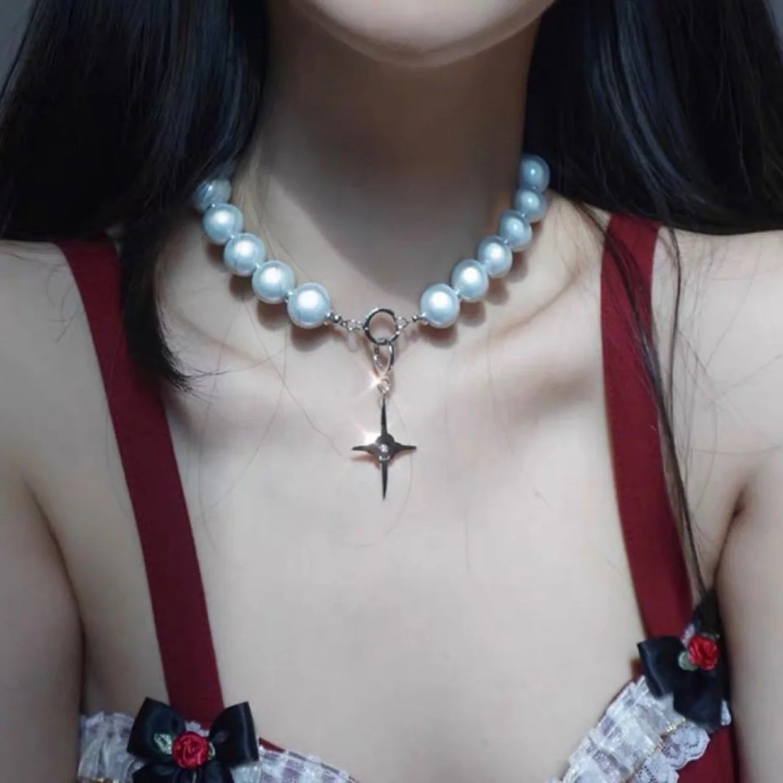 Brianna Reflective Pearl Cross Necklace