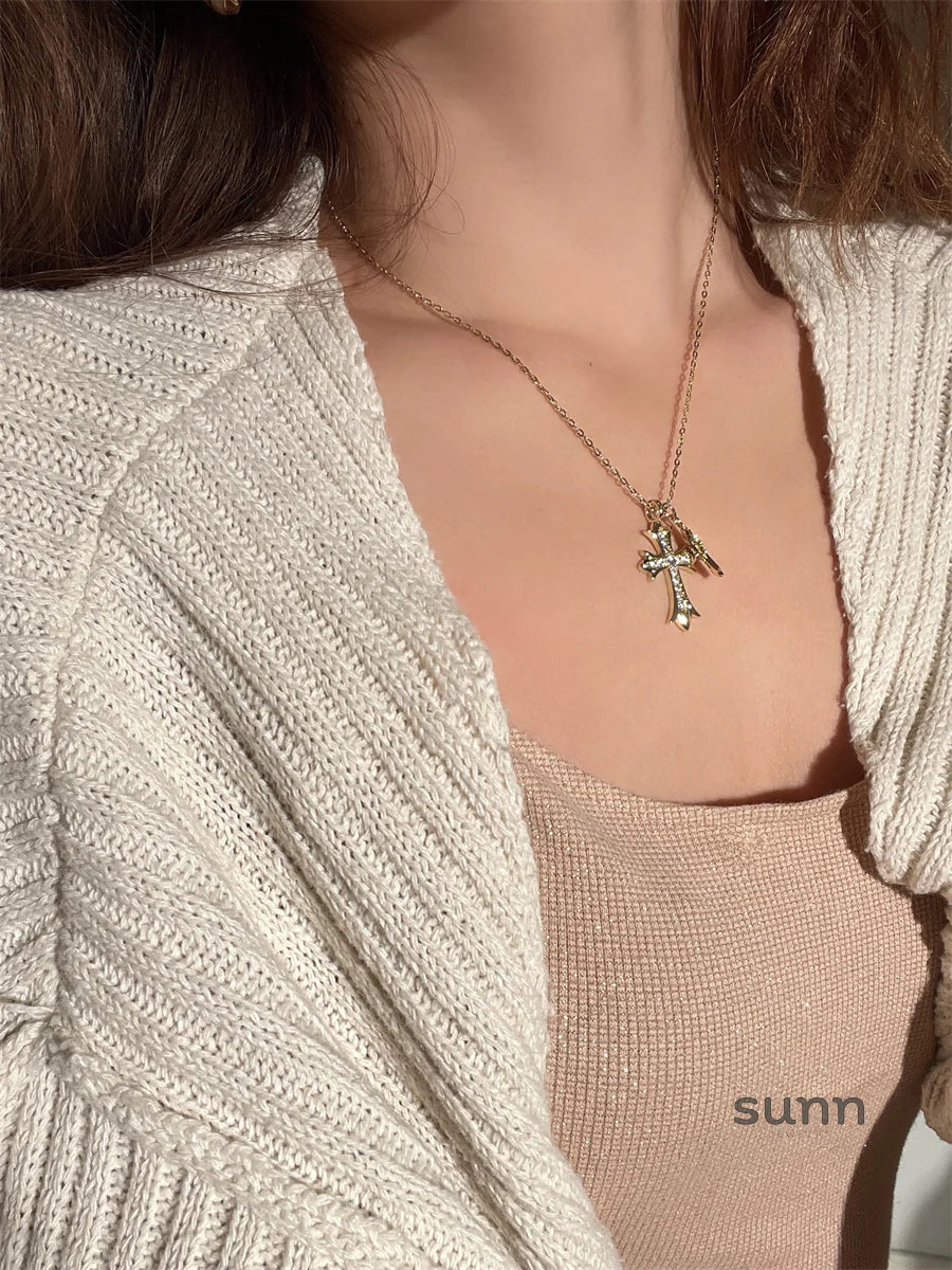 Brigitte Vintage Double Cross Necklace