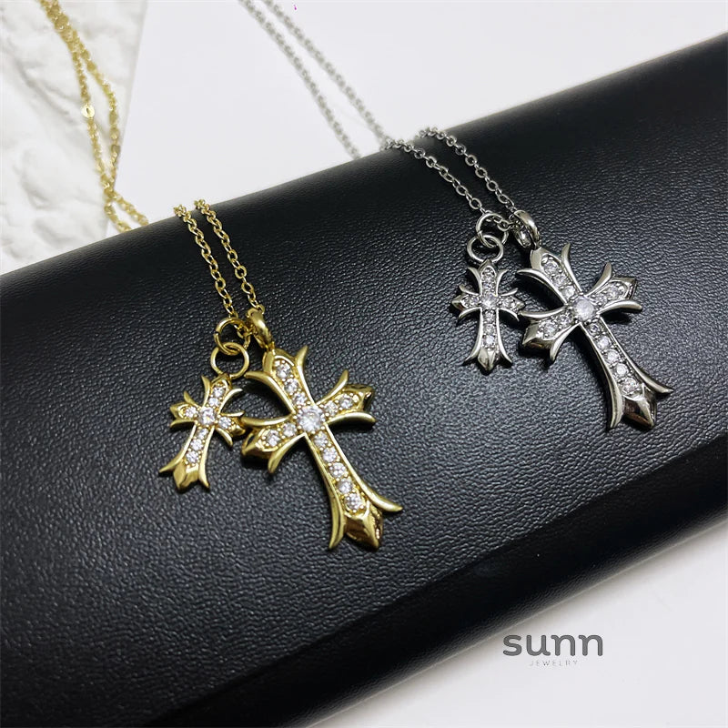 Brigitte Vintage Double Cross Necklace