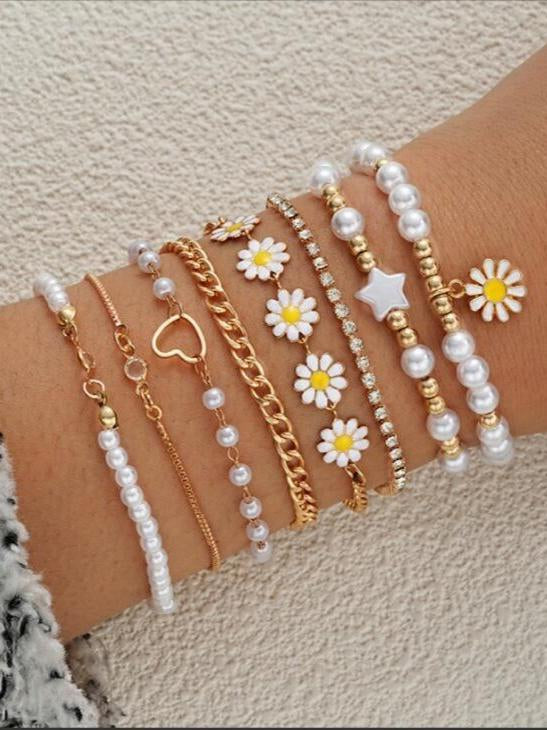 Britney Daisy Pearl Bracelet Set [5TWUG1FK]