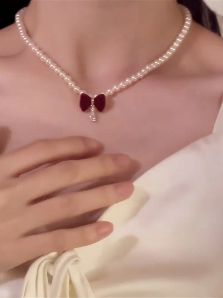 Cady Red Bow Pearl Necklace