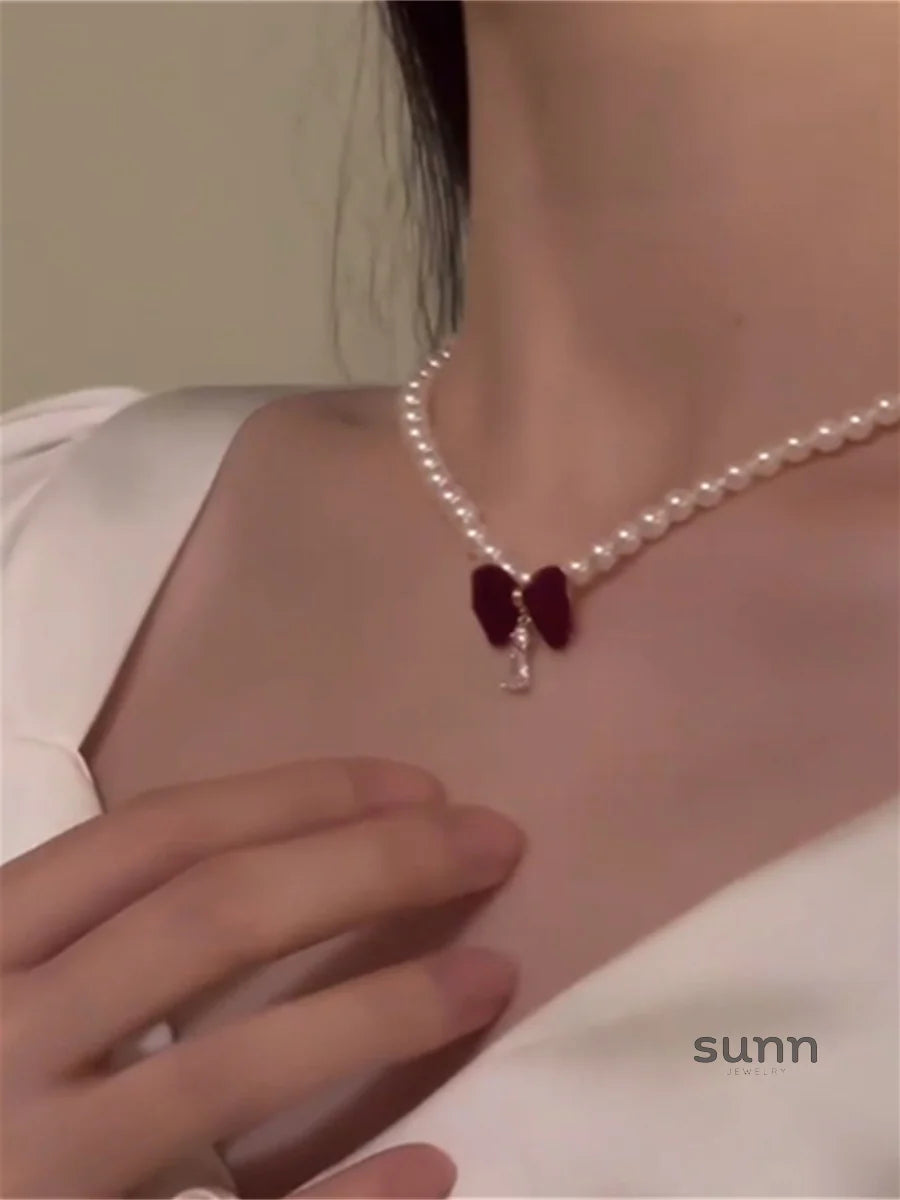 Cady Red Bow Pearl Necklace