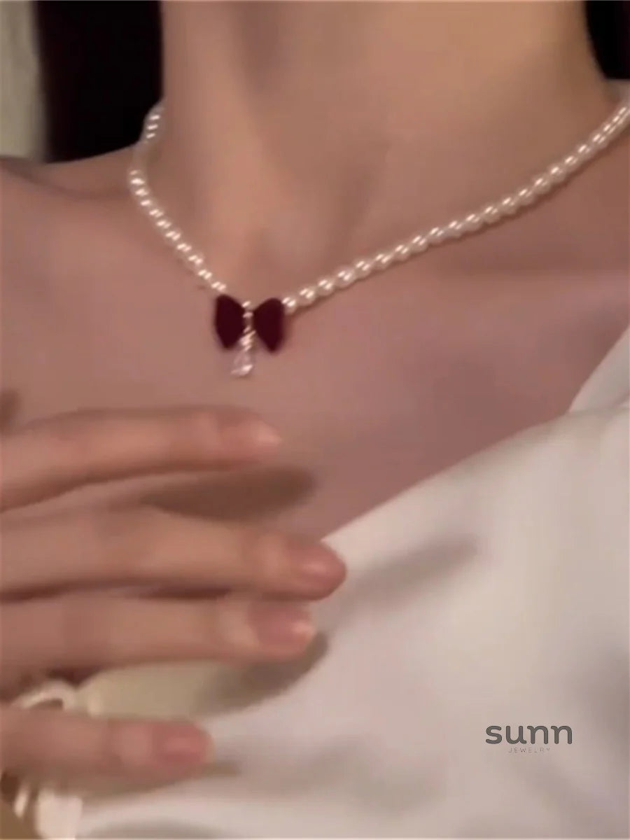 Cady Red Bow Pearl Necklace