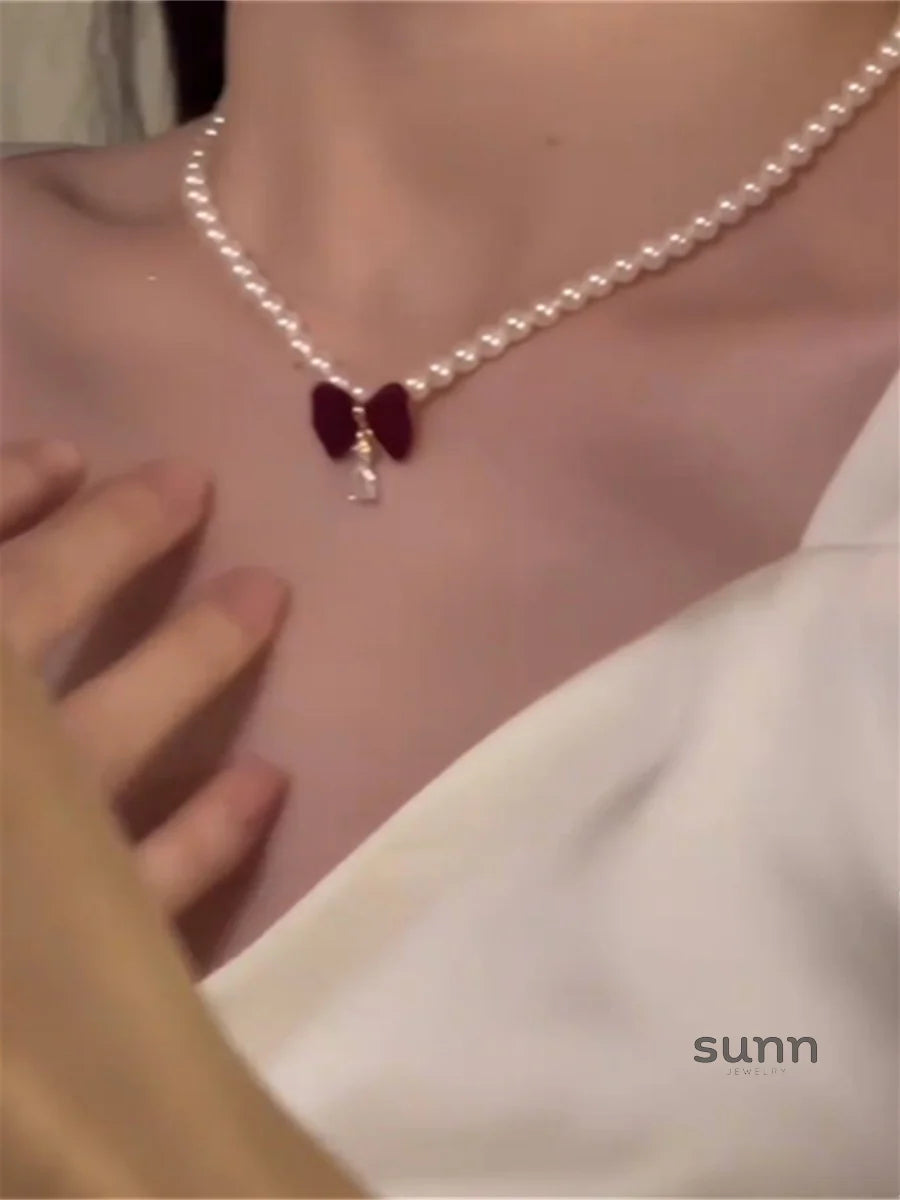 Cady Red Bow Pearl Necklace