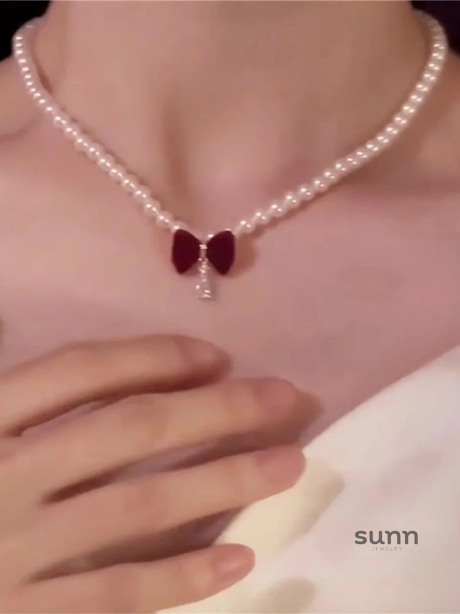 Cady Red Bow Pearl Necklace