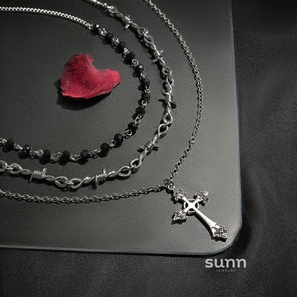 Calista Layered Thorn Cross Necklace Set