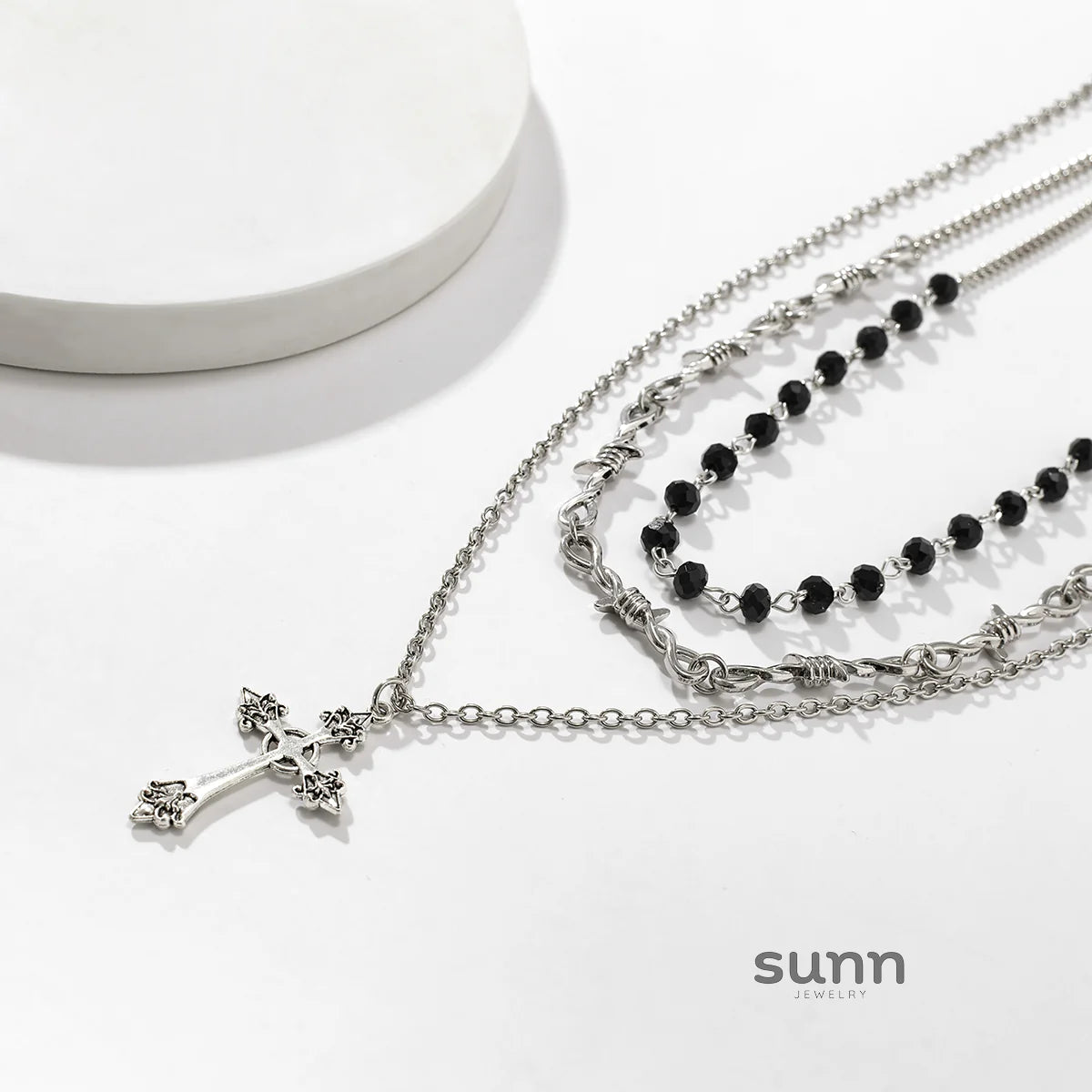 Calista Layered Thorn Cross Necklace Set