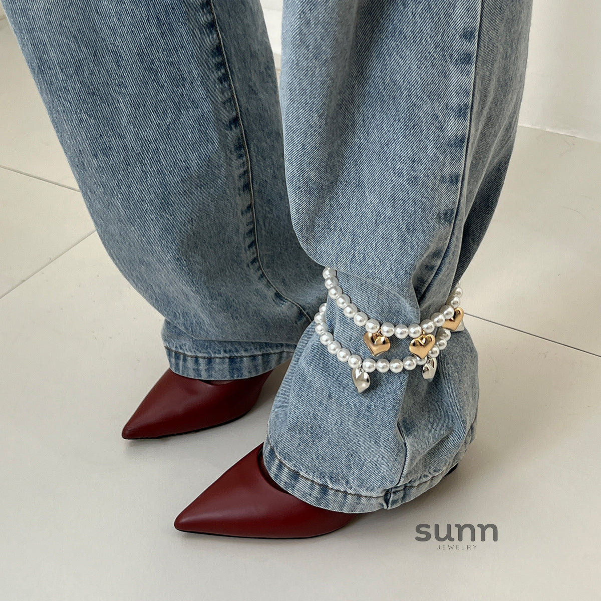 Candice Pearl Heart Anklet [ASJ4WJF1]