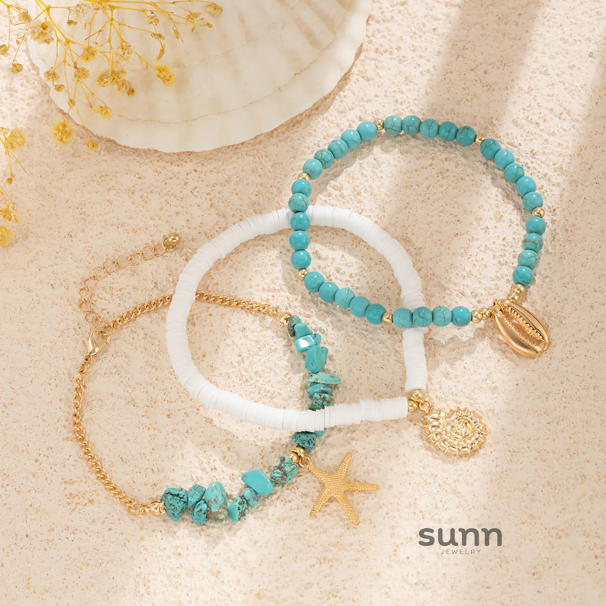 Carlota Shell Turquoise Anklet Set