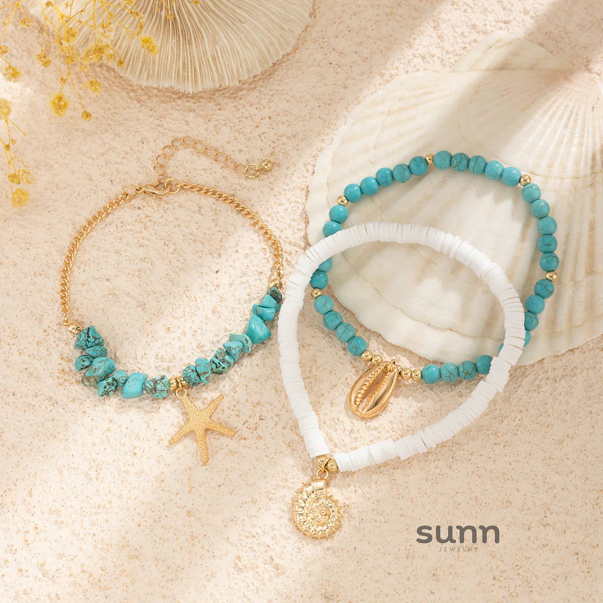 Carlota Shell Turquoise Anklet Set