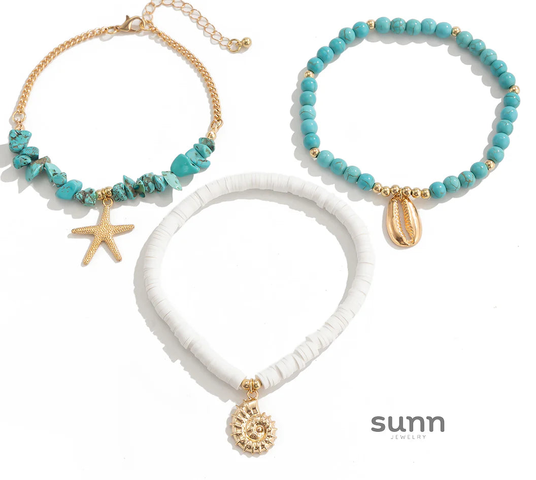 Carlota Shell Turquoise Anklet Set