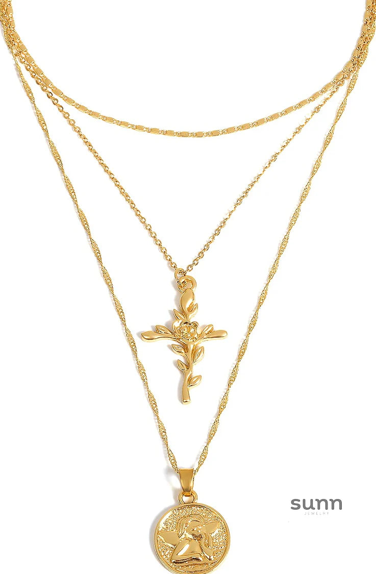 Cataleya Vintage Multi-Layer Cross Necklace