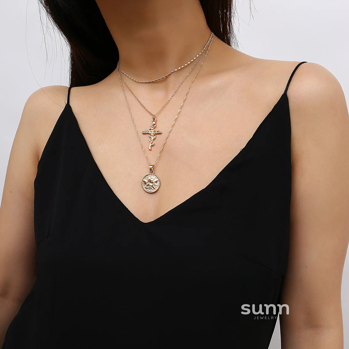 Cataleya Vintage Multi-Layer Cross Necklace