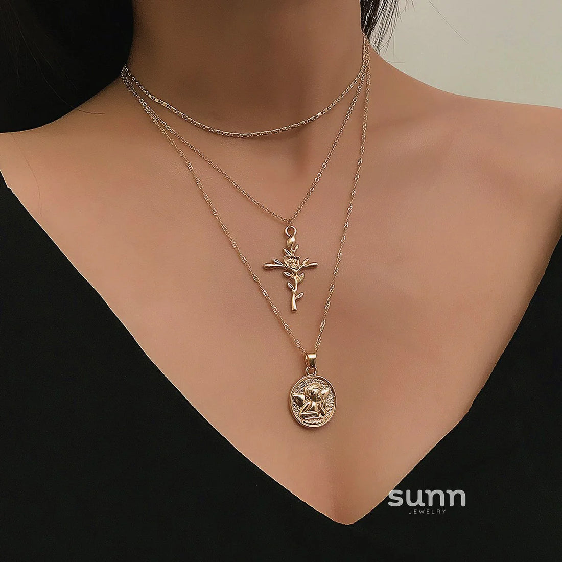 Cataleya Vintage Multi-Layer Cross Necklace