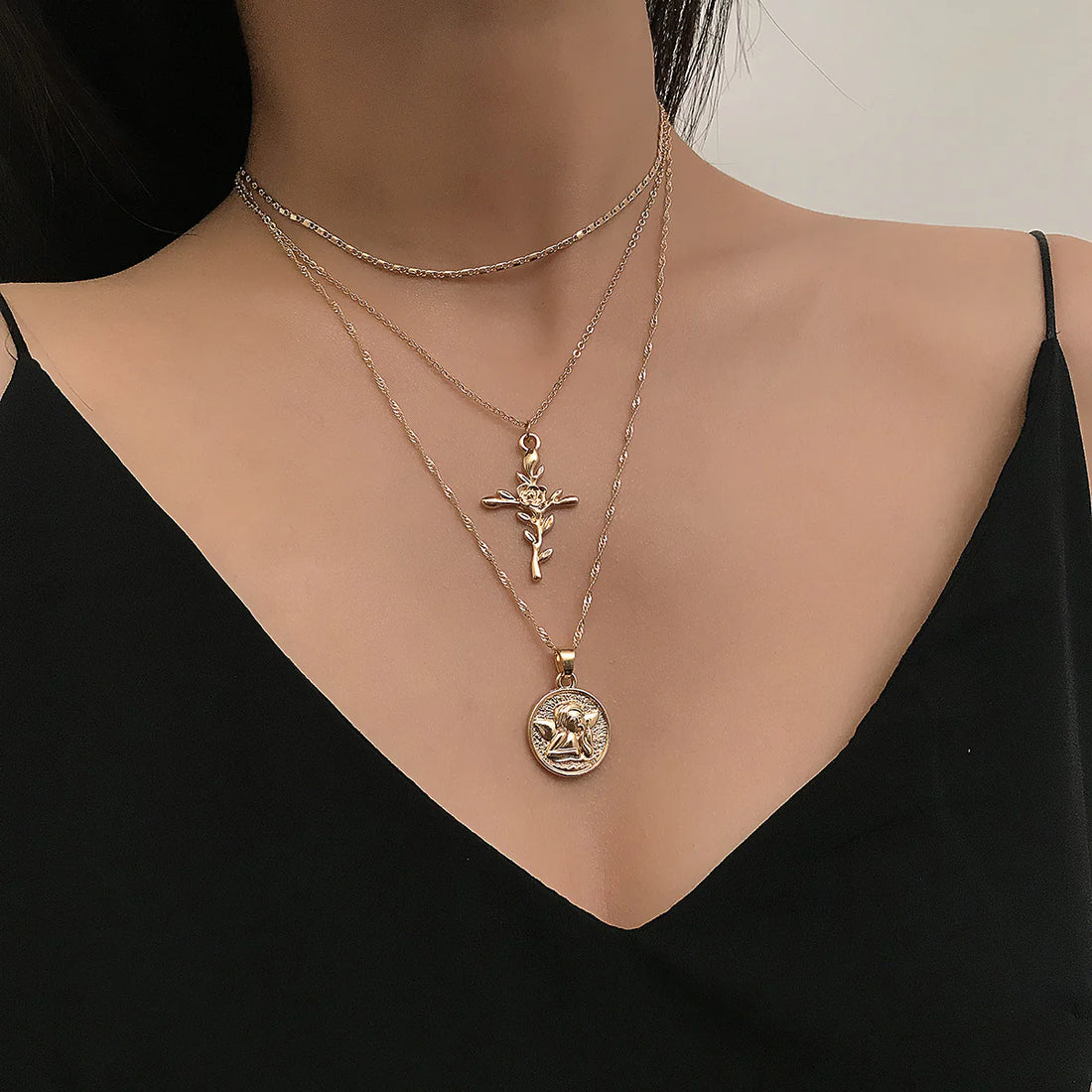 Cataleya Vintage Multi-Layer Cross Necklace