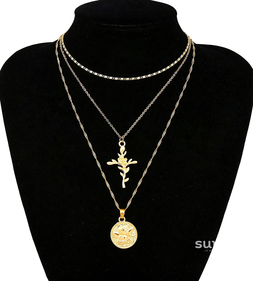 Cataleya Vintage Multi-Layer Cross Necklace