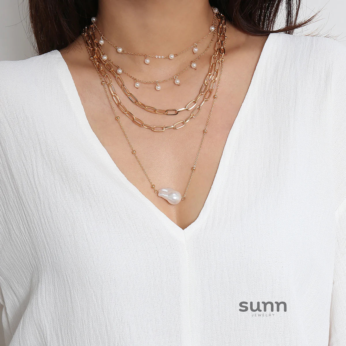 Charleston Layered Pearl Chain Necklace