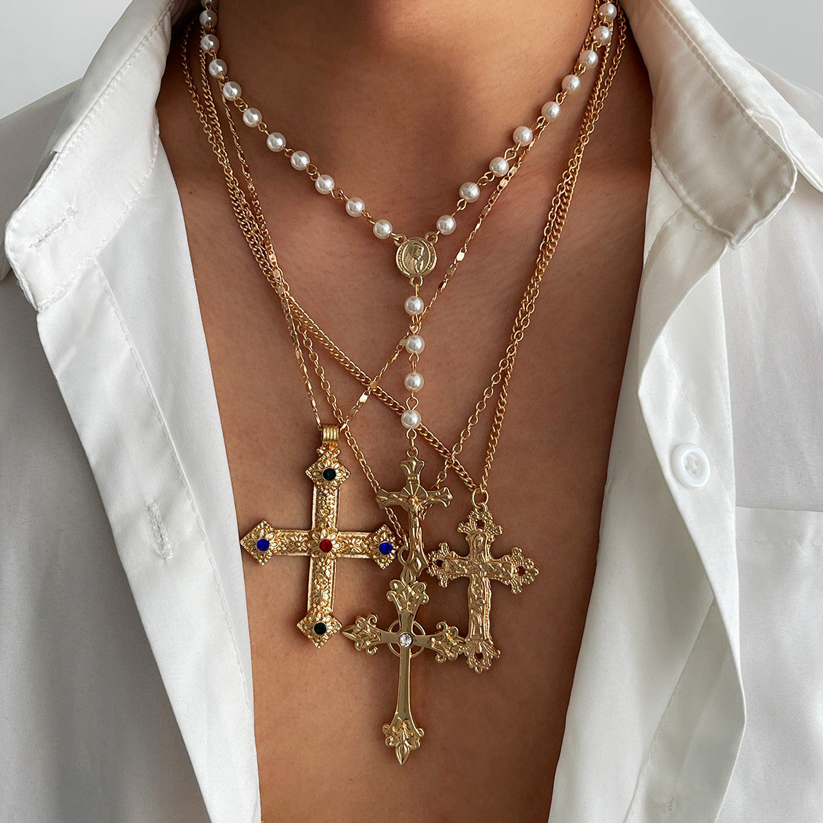 Cherry Men's Layered Cross Necklace [X1W7H8AD]