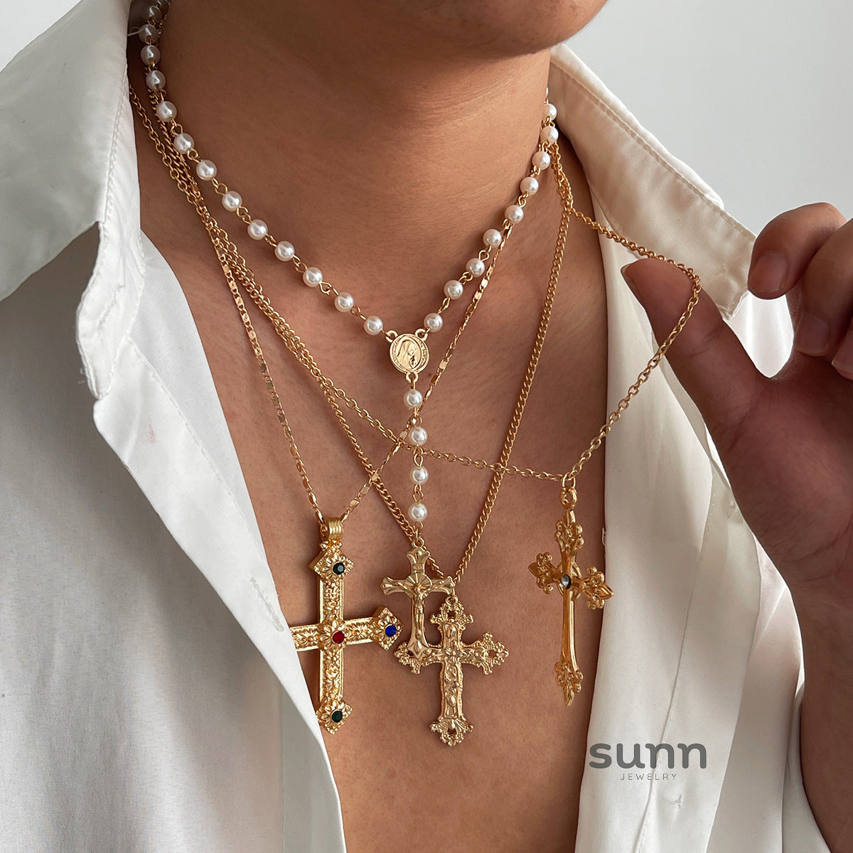 Cherry Men's Layered Cross Necklace [3L0Q9TN8]