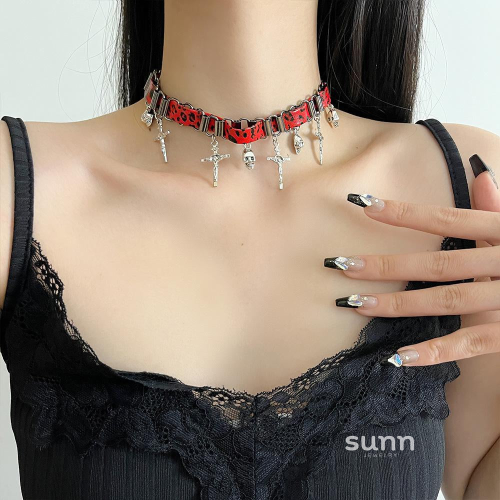 Coral Rivet Cross Choker [G8OSC3LC]