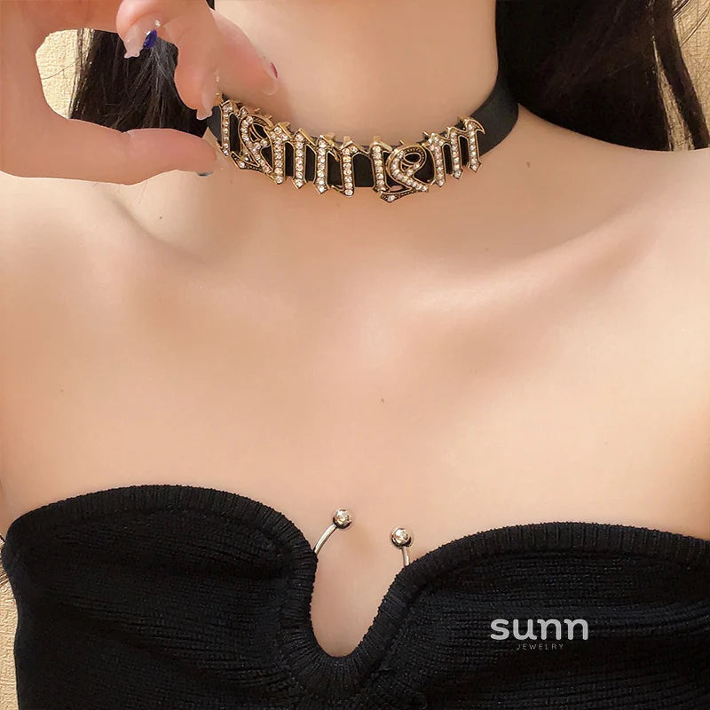 Crimson Rhinestone Letter Choker