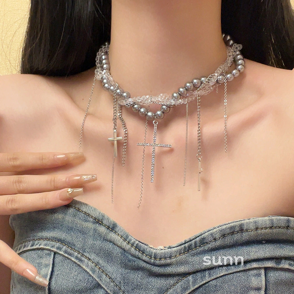 Eleana Multi-Layered Pearl Cross Necklace [2OI6M6CM]