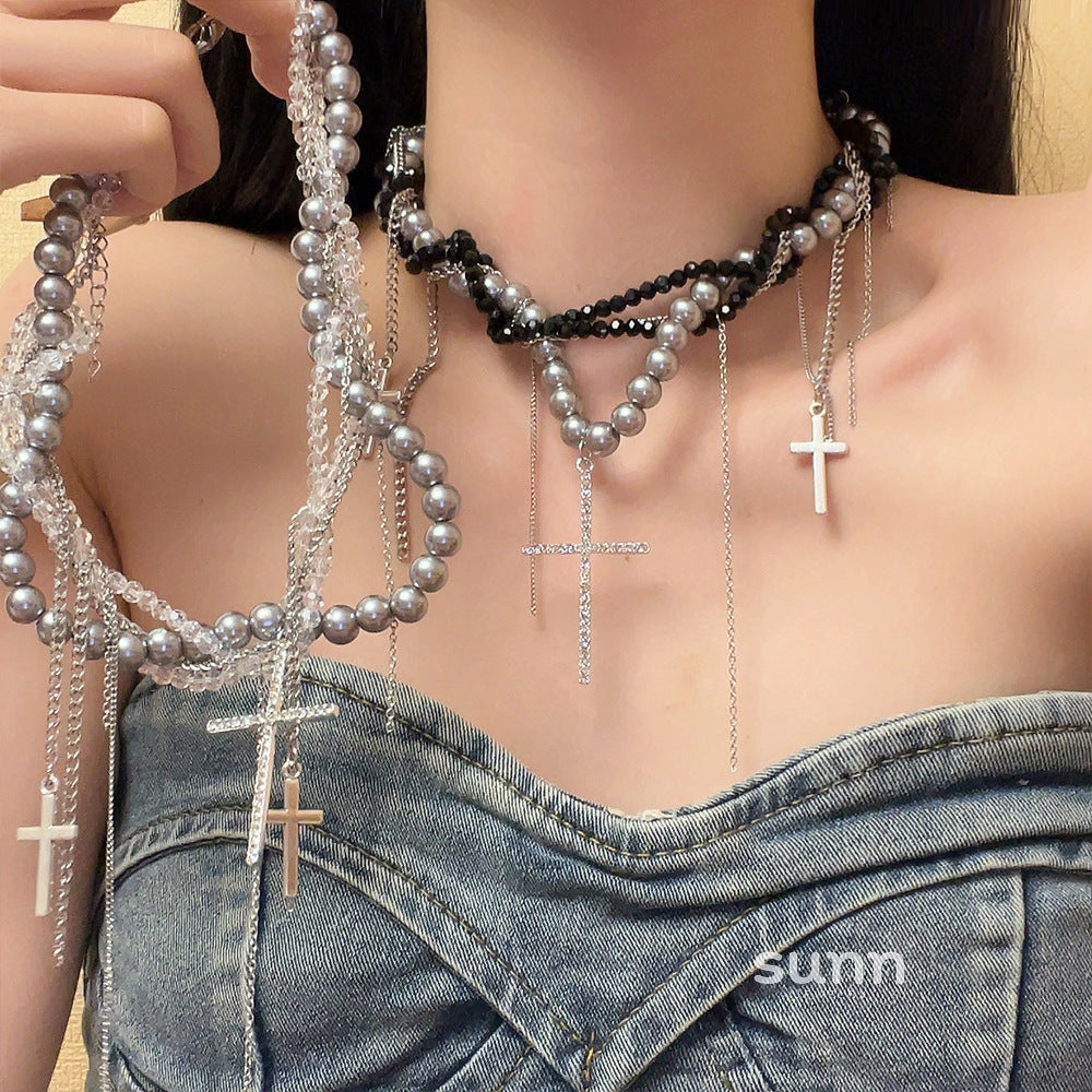 Eleana Multi-Layered Pearl Cross Necklace [U7TLNNM0]