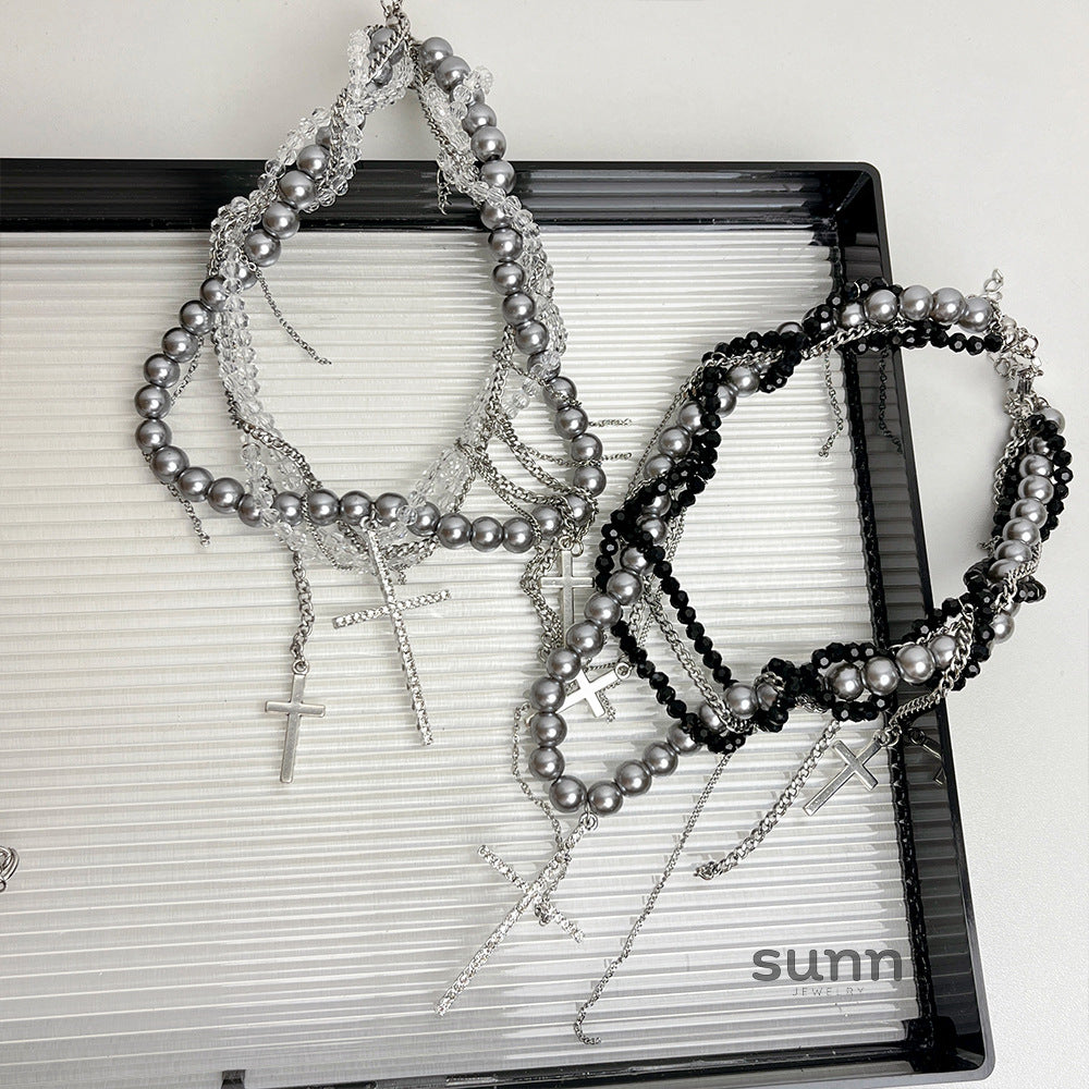 Eleana Multi-Layered Pearl Cross Necklace [ILYCHN3S]