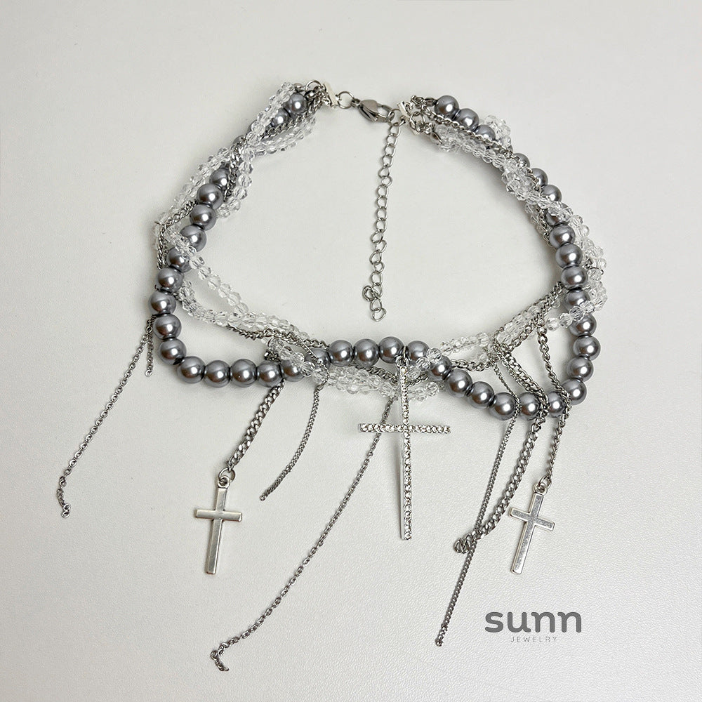 Eleana Multi-Layered Pearl Cross Necklace [584RUT5S]