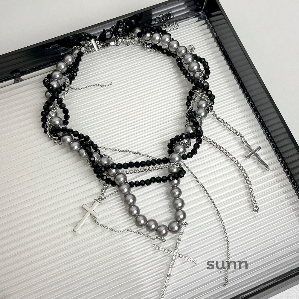 Eleana Multi-Layered Pearl Cross Necklace [P7T6LLOO]