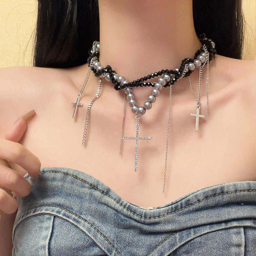 Eleana Multi-Layered Pearl Cross Necklace [U7TLNNM0]
