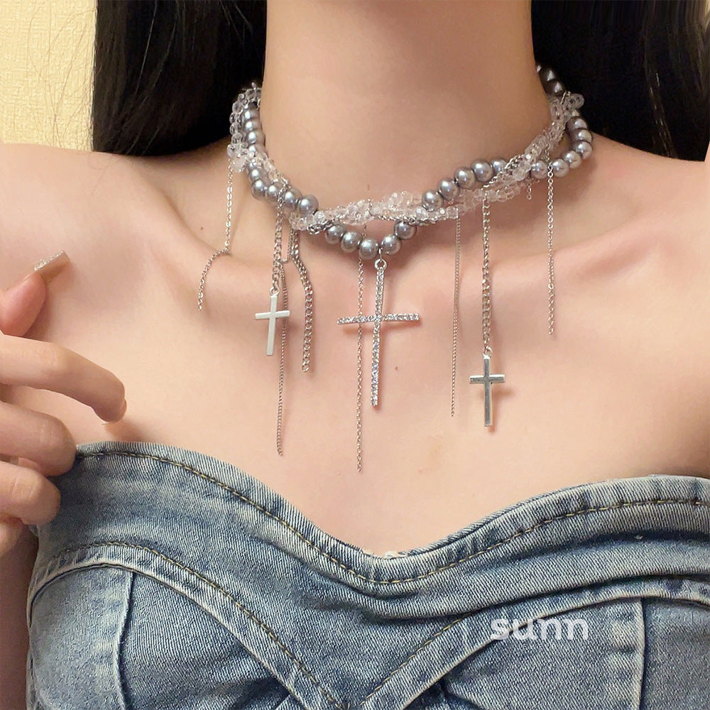 Eleana Multi-Layered Pearl Cross Necklace [8FRGCSLU]