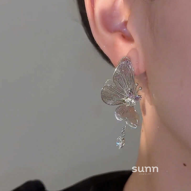 Ellaina Silver Butterfly Drop Earrings [N105GFAT]