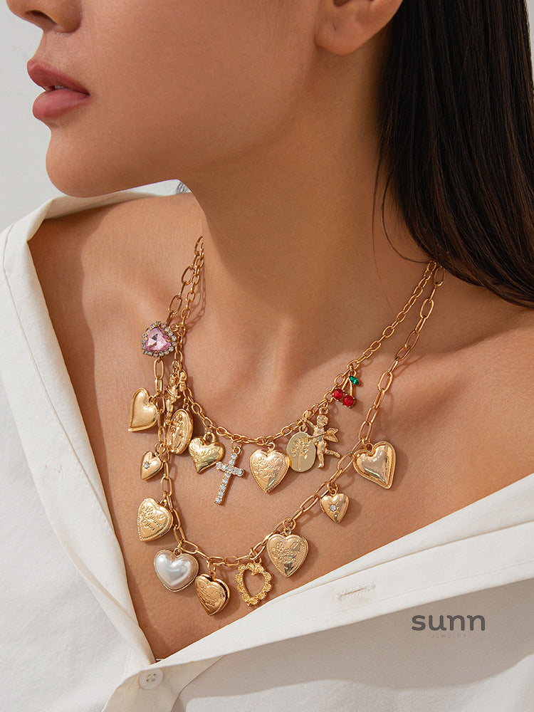 Ellena Layered Pearl Heart Cross Necklace [BFY0YYVC]