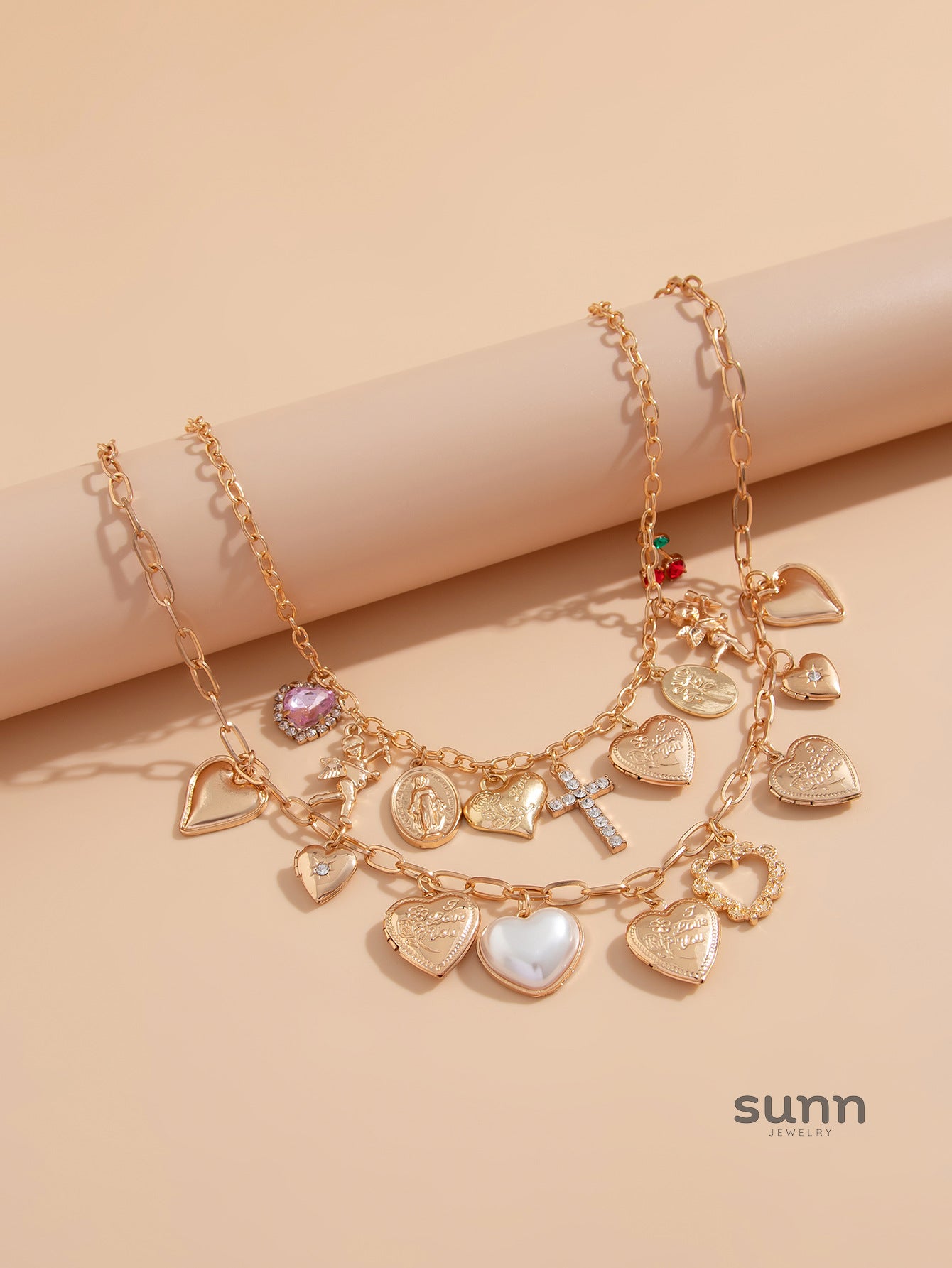 Ellena Layered Pearl Heart Cross Necklace [DP5YYWZH]