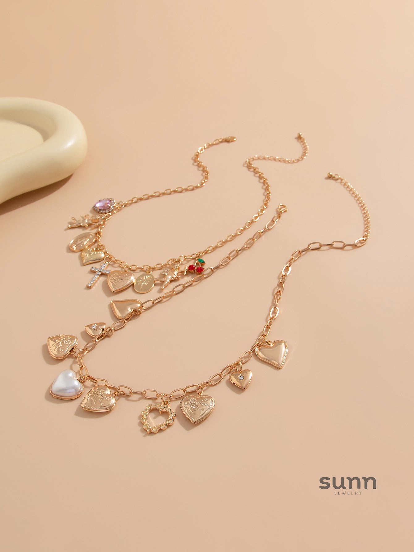 Ellena Layered Pearl Heart Cross Necklace [57DGYSD0]