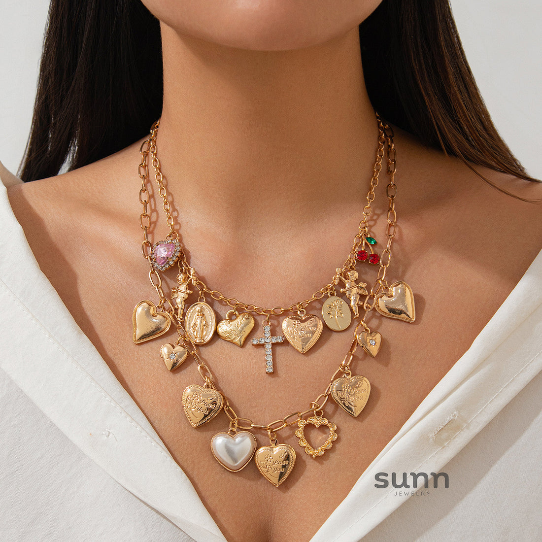 Ellena Layered Pearl Heart Cross Necklace [3O76JEC0]