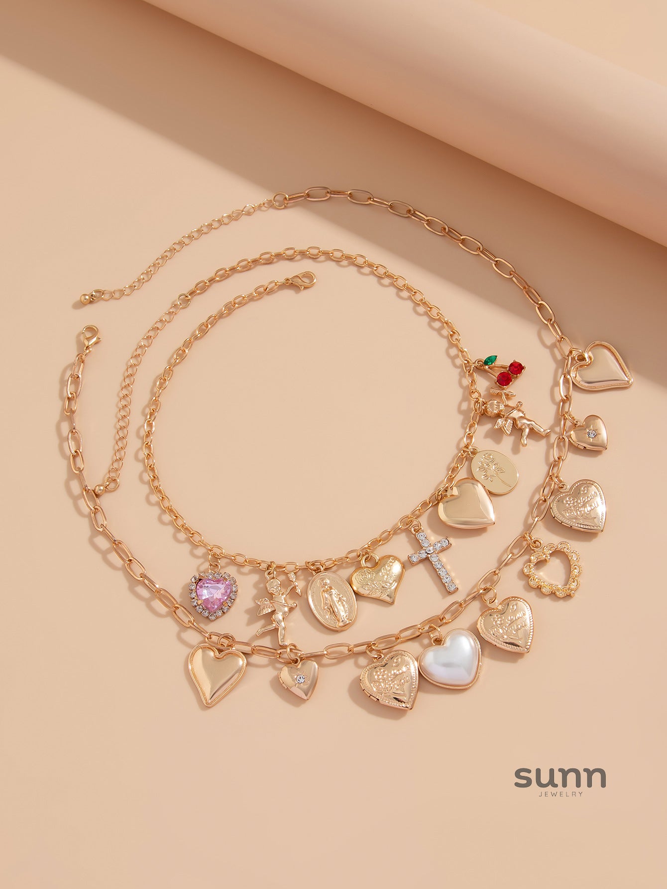 Ellena Layered Pearl Heart Cross Necklace [SN8C54VB]
