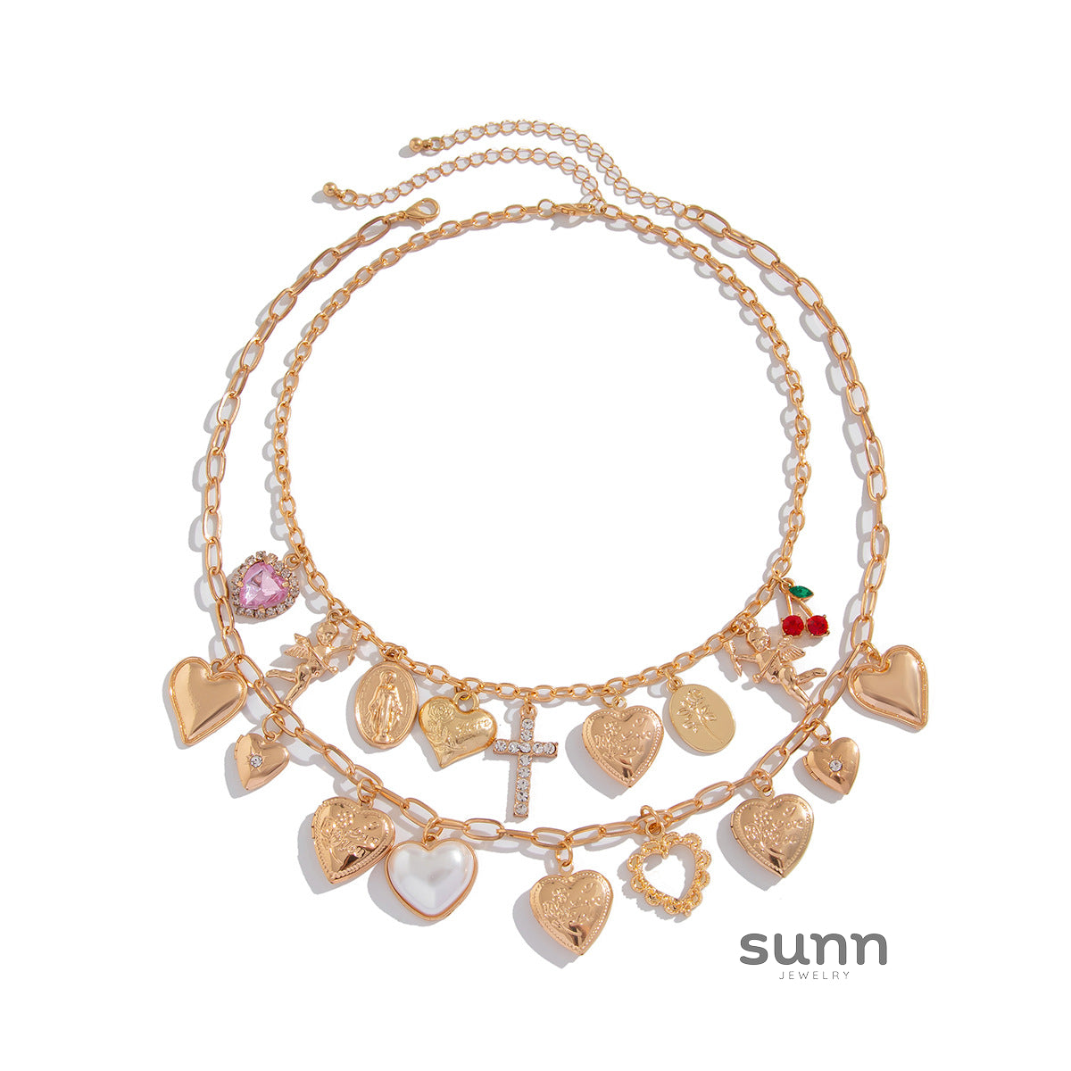 Ellena Layered Pearl Heart Cross Necklace [T8N9O6AZ]